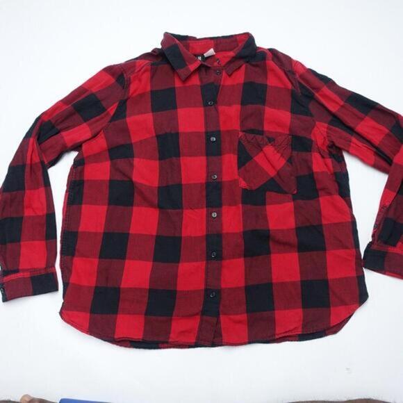 H&M Divided Shirt Women's Large Red Plaid Fitted Long Sleeve Flannel Button-Up‎ - Picture 1 of 8